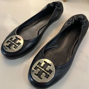 Tory Burch Black Flats with Silver Emblem